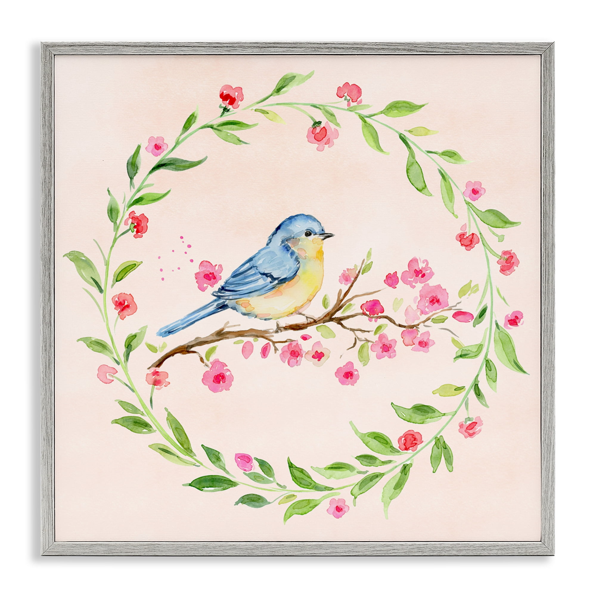 Spring Bird Wreath Perch Gray Framed Giclee Art, design by Elena Fay