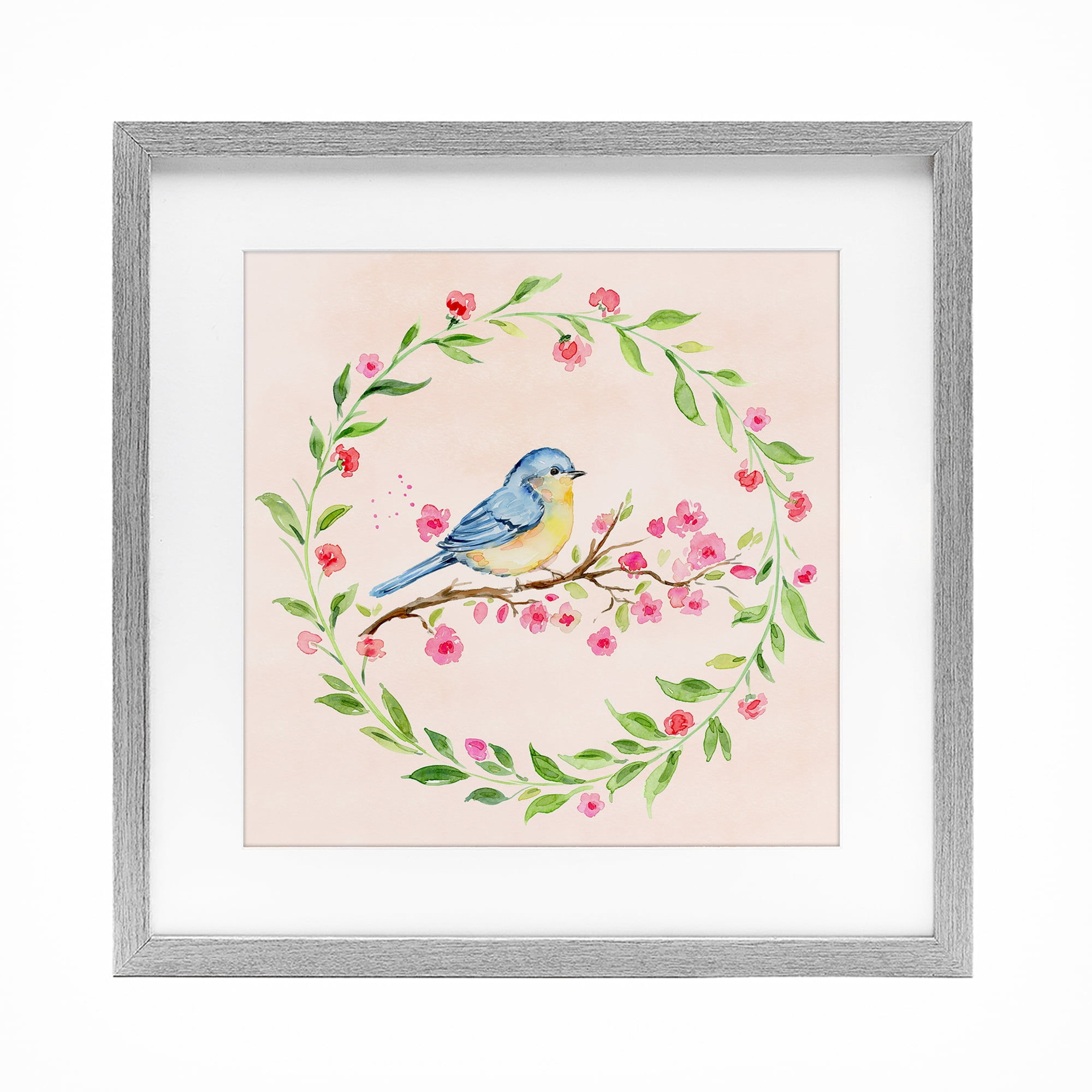 Spring Bird Wreath Perch Gray Framed Print Under Glass, design by Elena Fay