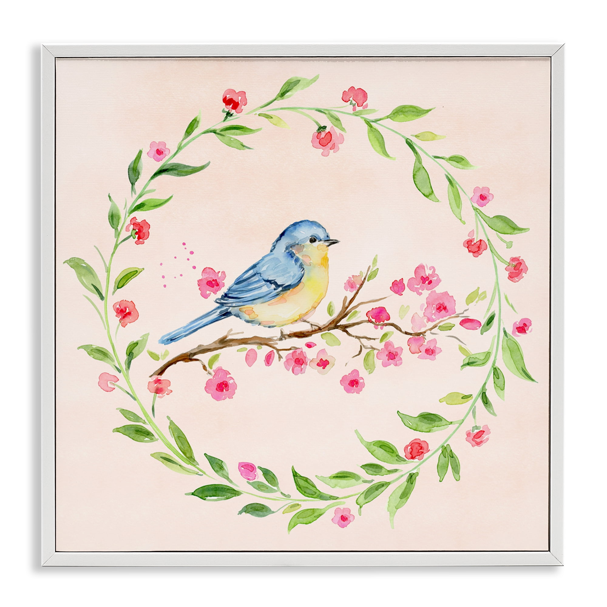 Spring Bird Wreath Perch White Framed Giclee Art, design by Elena Fay