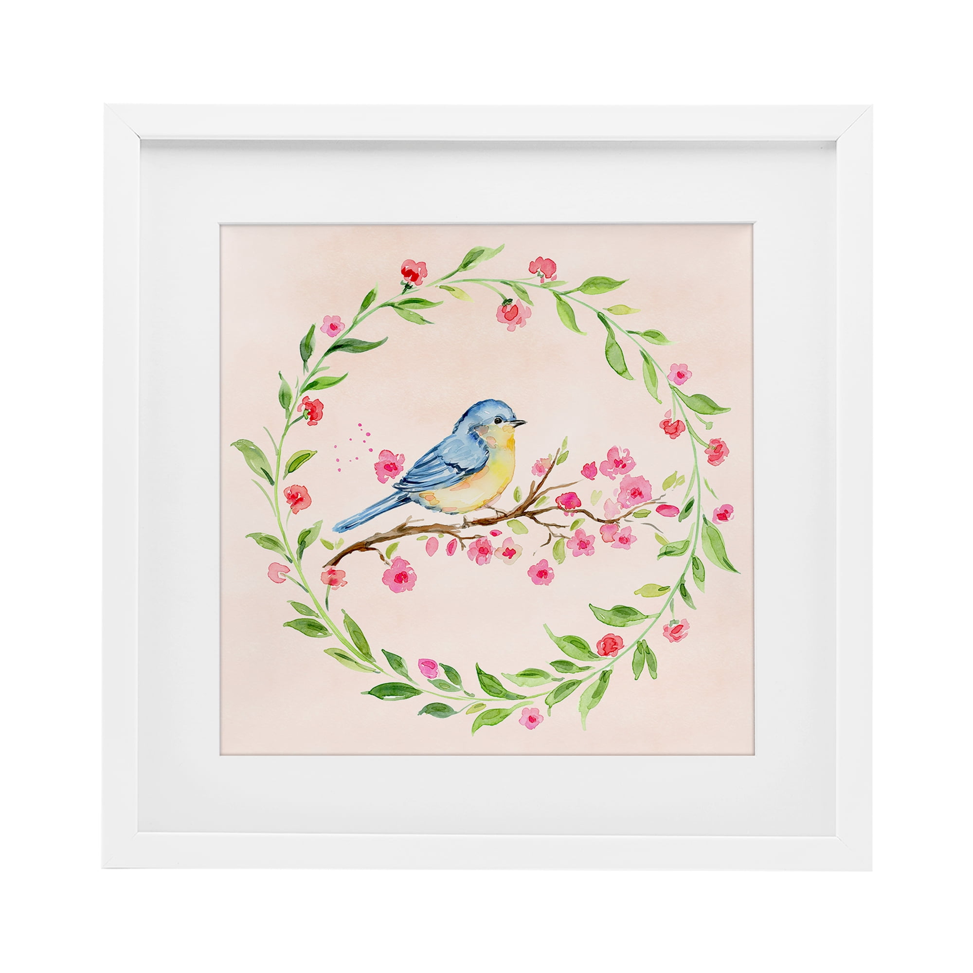 Spring Bird Wreath Perch White Framed Print Under Glass, design by Elena Fay