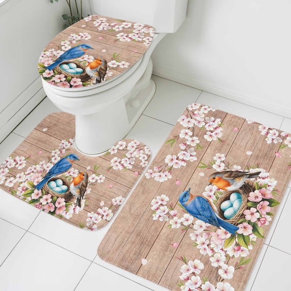 Spring Birds Bathroom Rugs Set Watercolor Bird Nest Eggs Pink Floral Leaf Plant Brown Wood Grain Non Slip Absorbent Bath Mats 3 Piece Set, U-Shaped Floor Mat, Toilet Seat Cover Small Size
