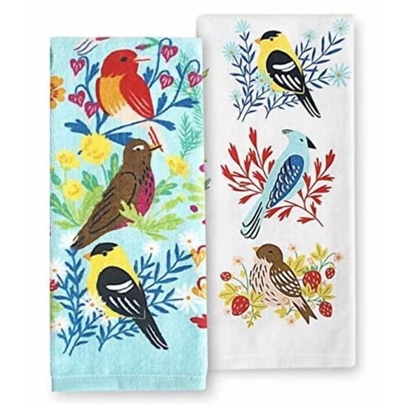 Spring Birds Blue White Floral Kitchen Terry Tea Towel Set 2-Pk. 100% Cotton