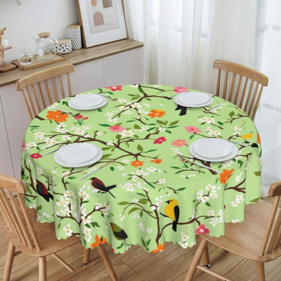 Spring Birds & Cherry BlossomRound Tablecloth Waterproof Oil-Proof Plastic Table Cloth Stain-Resistant Wipeable 60" for Camping, Dining, Indoor and Outdoor