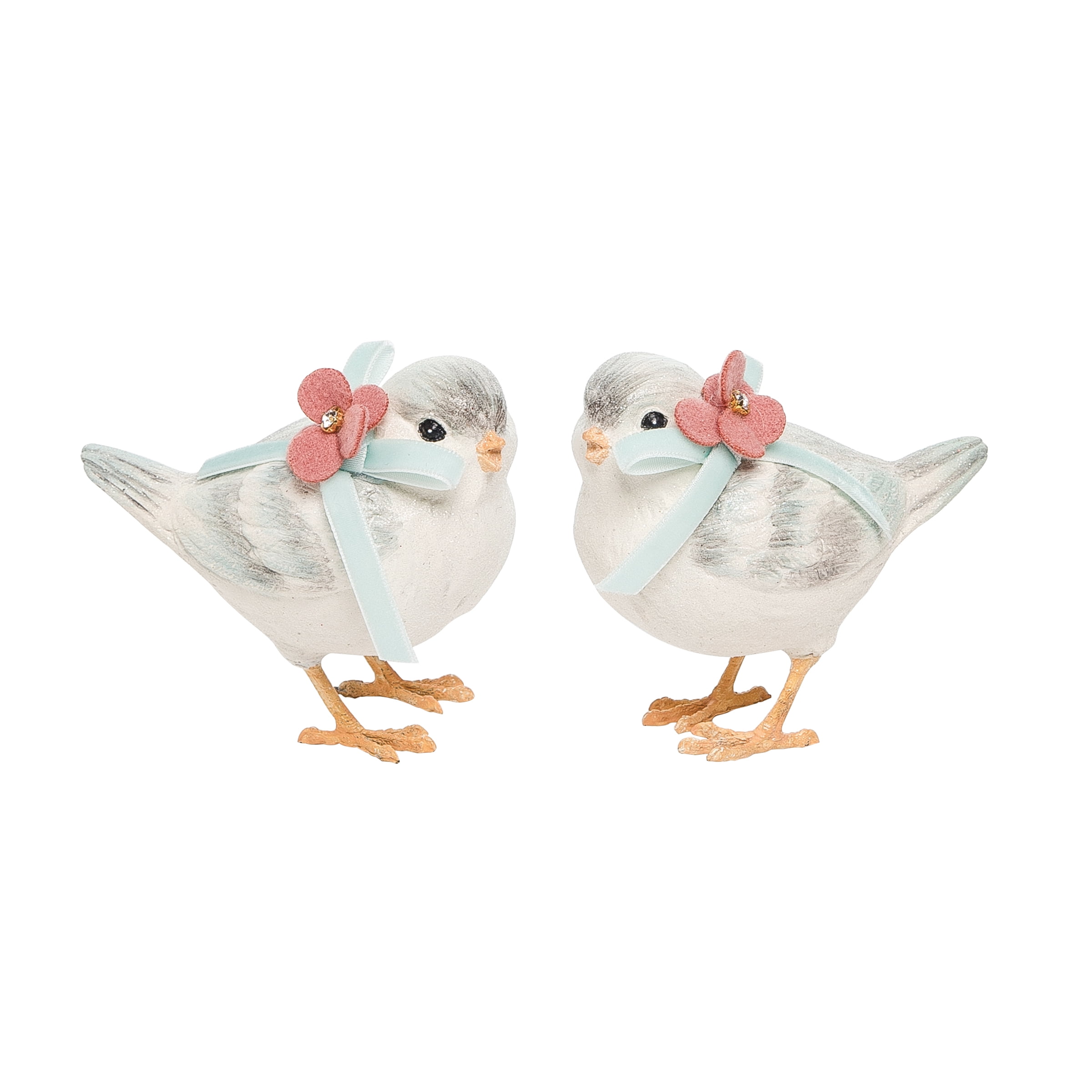 Spring White and Gray Resin Bird Figurines, Set of 2