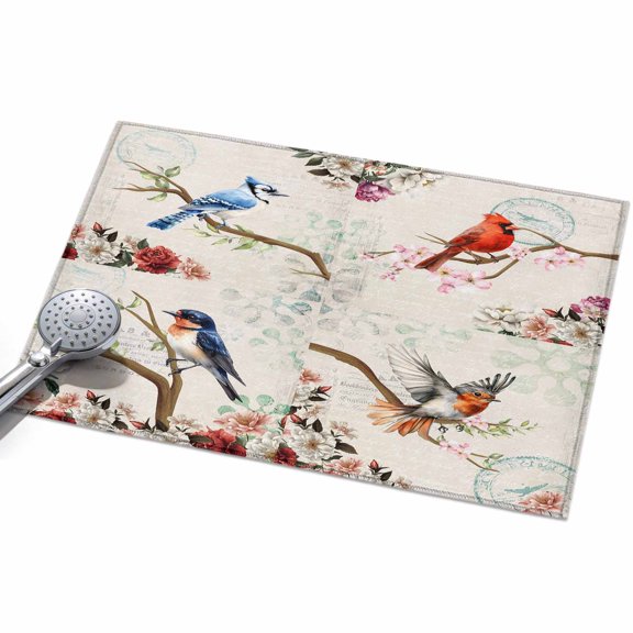 Spring Birds Floral Entryway Rug 2x3ft Washable Non Slip Bathroom Rug Low Pile Soft Indoor Floor Front Door Mat Farmhouse Botanical Burlap Rectangle Area Rugs Carpet for Kitchen Office Dining Room