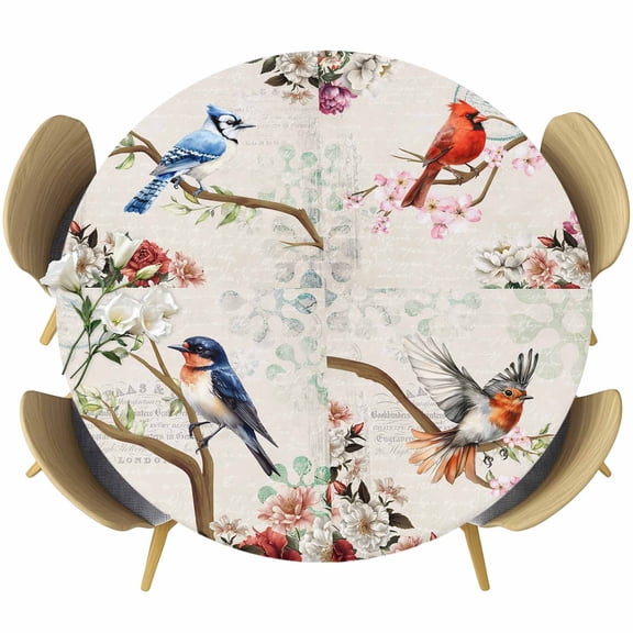 Spring Birds Floral Round Tablecloth 36-44 Inch Round Fitted Table Cloth with Elastic Edge, Farmhouse Botanical Burlap Waterproof Table Cover Protector for Outdoor Picnic Party Dining