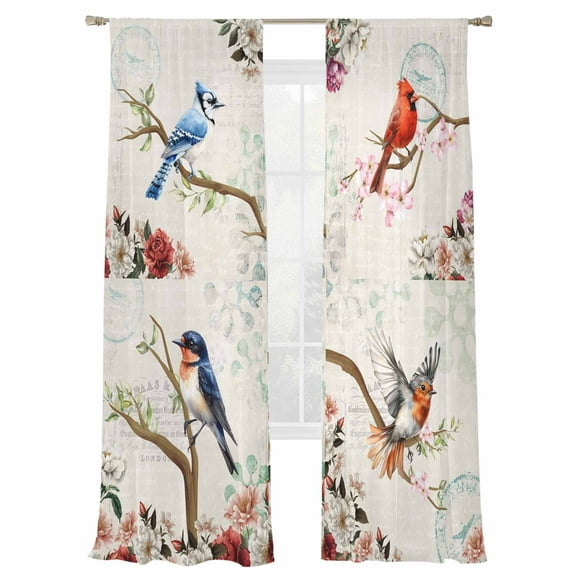 Spring Birds Floral Sheer Curtains 96 Inch Length 2 Panels Set, Semi Transparent Voile Rod Pocket Curtains for Living Dining Room Bedroom Drapes Farmhouse Botanical Burlap