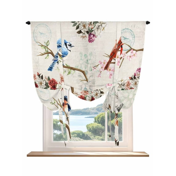 Spring Birds Floral Tie Up Curtains for Windows 63 Inch Length Balloon Curtains Kitchen Adjustable Balloon Window Shade Farmhouse Botanical Burlap Tie Up Valance Bathroom Curtain Window 46"x63"