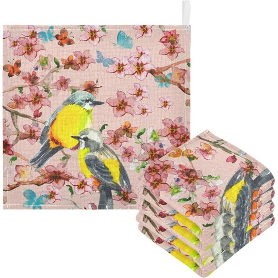 Spring Birds Flowers Baby Muslin Washcloths Soft Absorbent Face Towel, Butterflies Floral Watercolor Burp Cloths Cotton Bath Wipes 5 Pack Infant Wash Cloth for Newborn Boys Girls 12x12 inches