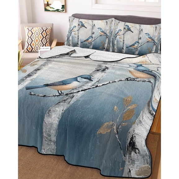 Spring Birds Full Size Down Alternative Comforter, Lightweight Comforter Quilt Bedding Set with Pillow Shams Grey Forest Tree Branch Oil Painting All Seasons Bed Comforter Duvet Insert 78"x90"