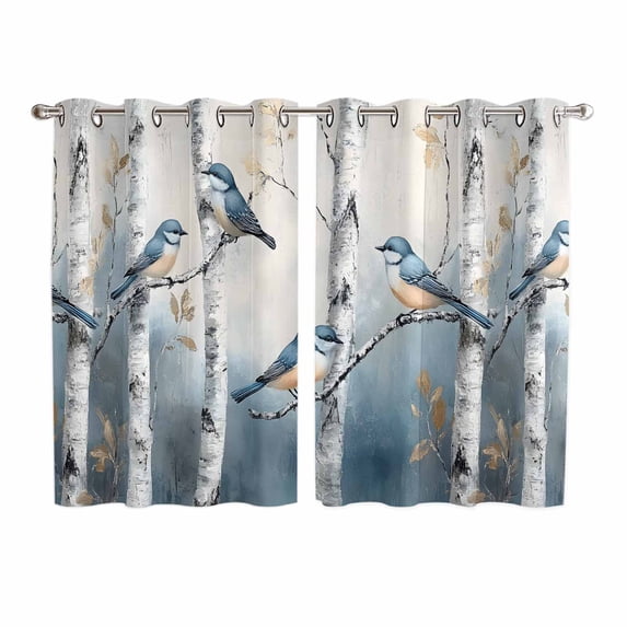 Spring Birds Kitchen Curtains 63 Inch Length, Grey Forest Tree Branch Oil Painting Grommet Top Bedroom Living Room Curtains, Light Filtering Cafe Curtain Drapes 2 Panels Set 104''x63''