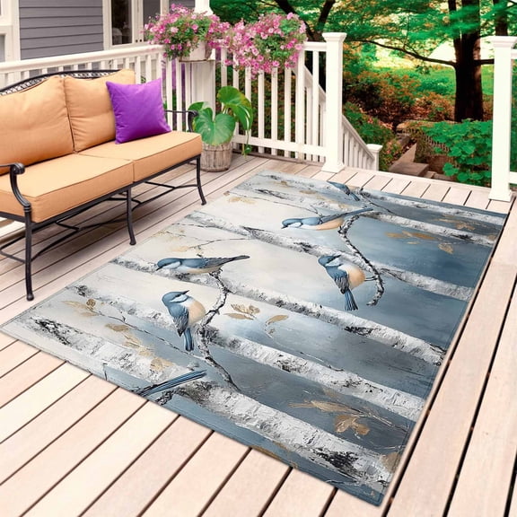 Spring Birds Outdoor Rug 3x5 Ft, Non Slip Washable Area Rug, Grey Forest Tree Branch Oil Painting Patio Rugs Carpet Runner, Large Floor Mat for Indoor/Outdoor Deck Porch Camping
