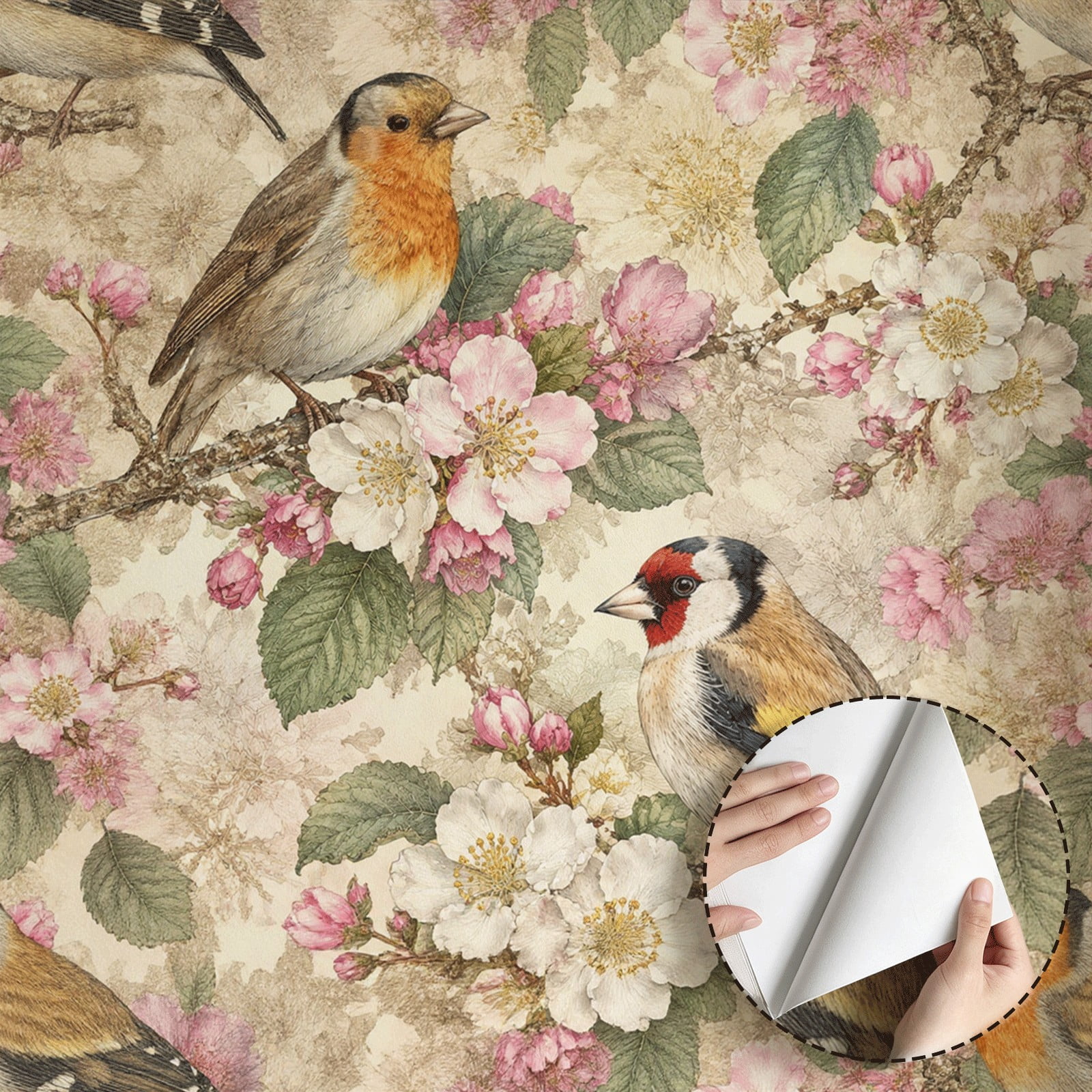 Spring Birds and Pink Floral Wallpaper Vintage Rustic Farmhouse Peel ...