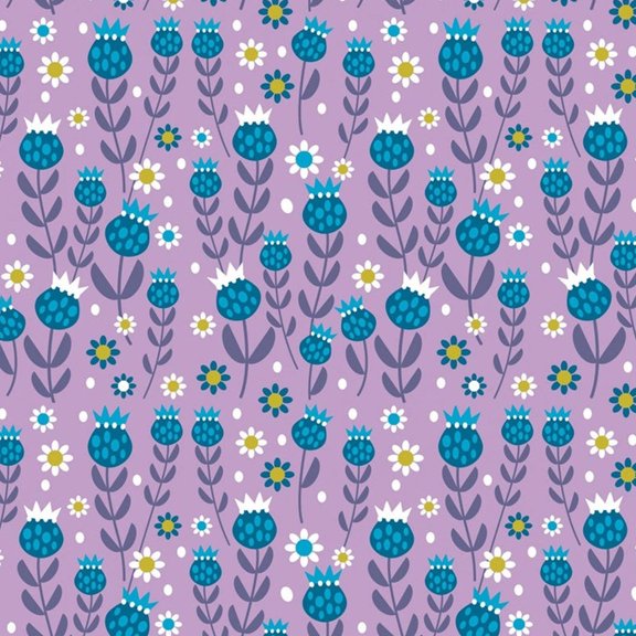 Spring Birds Purple Flowers 100% Cotton Fabric Sold by the Yard