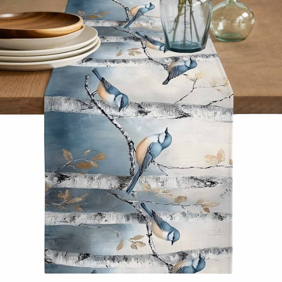 Spring Birds Short Table Runner 36 Inches Long,Grey Forest Tree Branch Oil Painting Cotton Linen Table Runners Dresser Scarves,Fabric Tabletop Scarf Furniture Cover for Home Dinner Party 13"x36"
