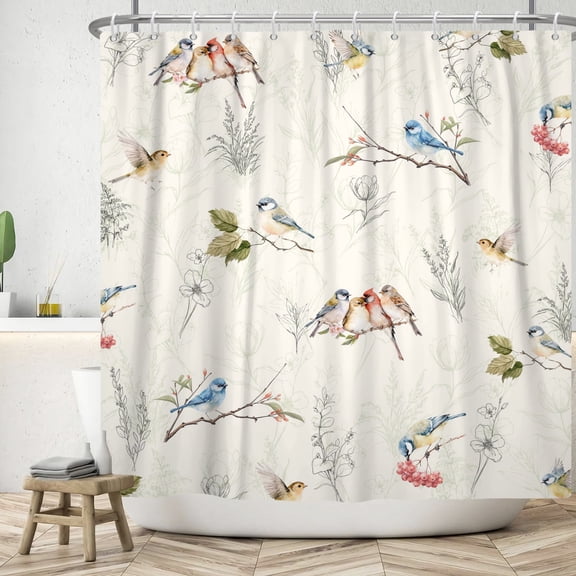 Spring Birds Shower Curtain Floral with Hummingbirds Bath Curtain for Bathroom Decor with Hooks 72x72 in