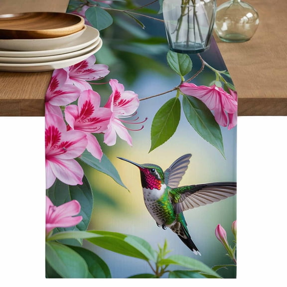 Spring Birds Table Runner 48 Inches, Botanical Flowers Leaves Nature Scenery Bed Runner Dresser Scarves Tabletop for Indoor Outdoor Parties/Ceremony/Banquet, 13" x 48"