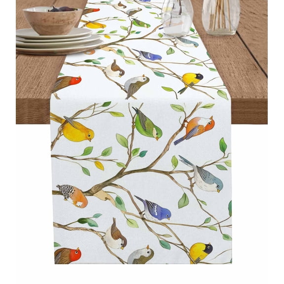 Spring Birds Table Runner 48 Inches, Watercolor Animals Tree Branch Leaves Bed Runner Dresser Scarves Tabletop for Indoor Outdoor Parties/Ceremony/Banquet, 13" x 48"