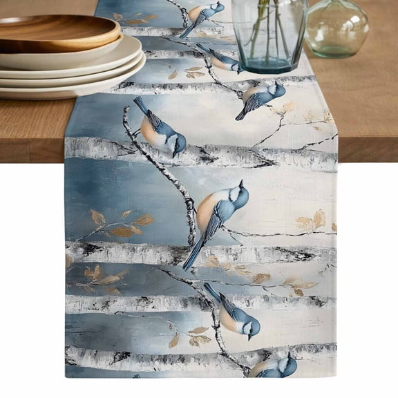 Spring Birds Table Runner, Grey Forest Tree Branch Oil Painting Washable Cotton Linen Table Runners 36 Inches Long, Dresser Scarf Runner for Nightstand/End Tables/Round Tables 13''x36''