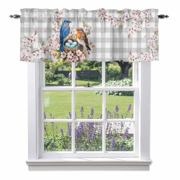 Spring Birds Valance Curtain for Windows Watercolor Bird Nest Eggs Pink Floral Leaf Plant Grey Plaid Rod Pocket Curtain Valances Short Window Treatments for Kitchen Bathroom Laundry 56 x 16 Inch
