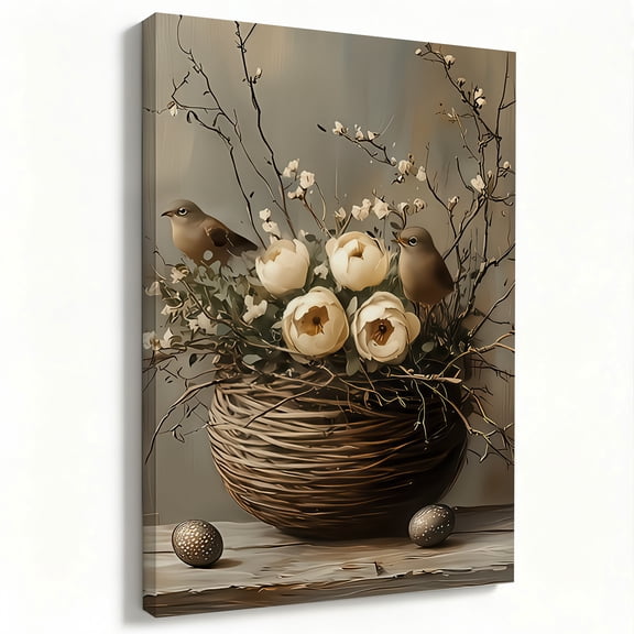 Spring Birds and Tulips Wall Art Canvas Print with Frame – Rustic Floral Still Life Decor for Living Room Bedroom Kitchen
