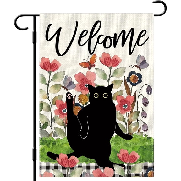 Spring Black Cat Garden Flag Funny Floral Cat Garden Flag 1218 Inch Double Sided Vertical Burlap Farmhouse Welcome Yard Flag Spring Seasonal Outdoor Decor