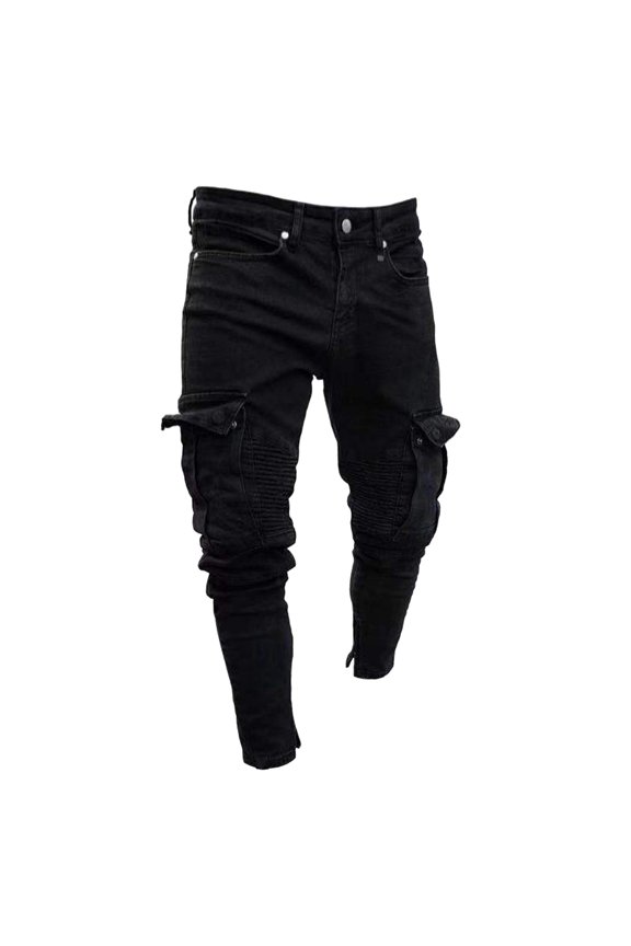 Spring Black Full-Length Jean Cargo Pants Men's Distressed Biker Jeans Man's Ripped Stretch Slim Fit Denim Trousers