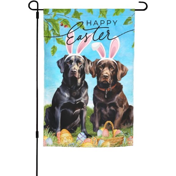 Spring Black Labrador Chocolate Lab Dog Retriever Happy Easter Garden Flag 12x18 Inch Double Sided Vertical Decoration Yard Small Flag For Outside Holiday Seasonal Outdoor