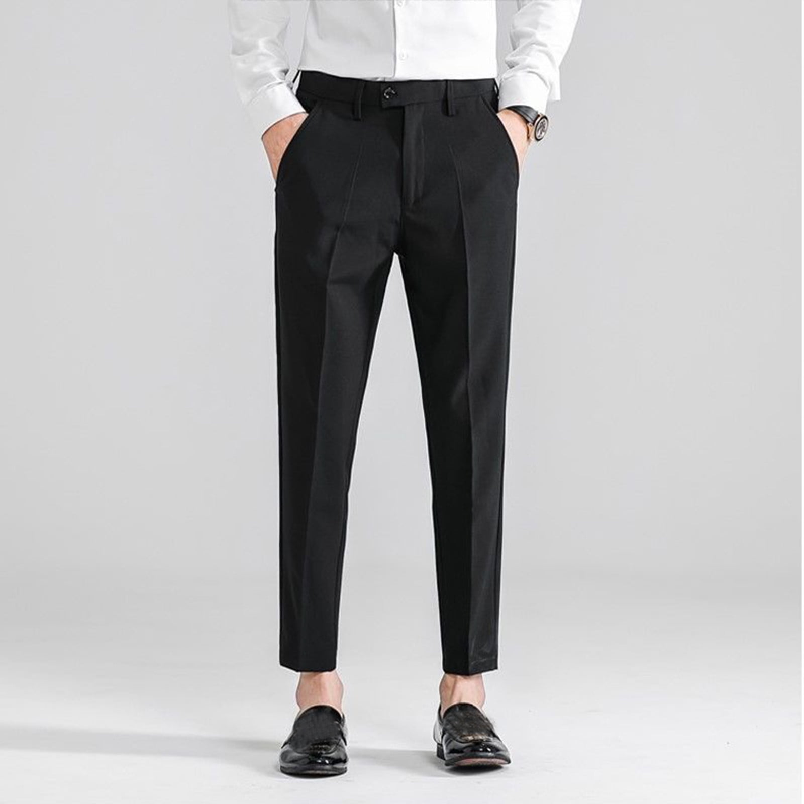 Spring Black Sweatpants Men's Casual Pleated Solid Suit Pants Zipper Pocket  Ankle-Length Trousers