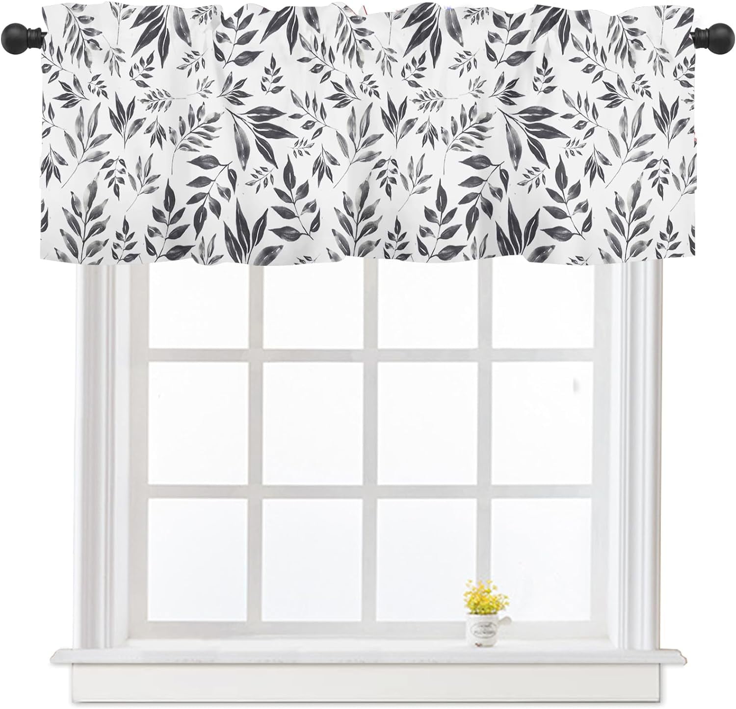 Spring Black White and Grey Leaves Kitchen Curtain Valances for Windows ...