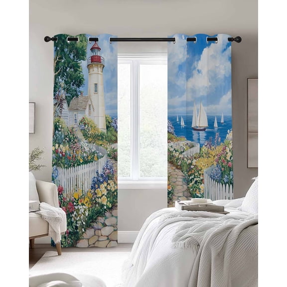 Spring Blackout Curtains 2 Panels Colorful Flowers Beacon Ocean House Pastoral Scenery Thermal Insulated Grommet Window Curtains for Bedroom Living Room 27.5"x39"