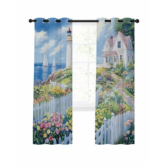Spring Blackout Curtains 45 Inch Length Colorful Flowers Beacon Ocean House Country Scenery Thermal Insulated Window Curtain Window Drapes 2 Panels for Bedroom Living Room 52"Wx45"L
