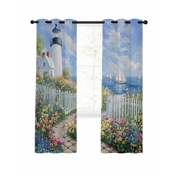 Spring Blackout Curtains 45 Inch Length Colorful Flowers Beacon Ocean Town Country Scenery Thermal Insulated Window Curtain Window Drapes 2 Panels for Bedroom Living Room 52"Wx45"L