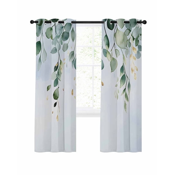 Spring Blackout Curtains 45 Inch Length Vintage Sage Green Eucalyptus Leaves Golden Leaf Thermal Insulated Window Curtain Window Drapes 2 Panels for Bedroom Living Room 52"Wx45"L