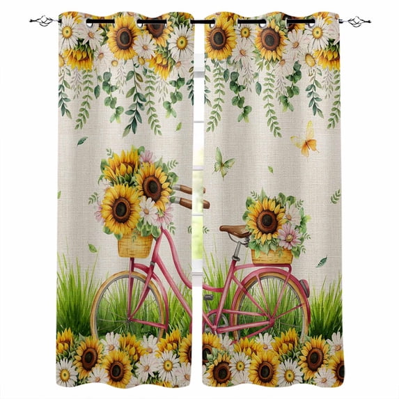 Spring Blackout Curtains for Bedroom, Bicycles Botanical Sunflowers Leaves Butterfly Thermal Insulated Kitchen Drapes with Grommets, Light Blocking Window Treatment, 2 Panels 52" x 72"