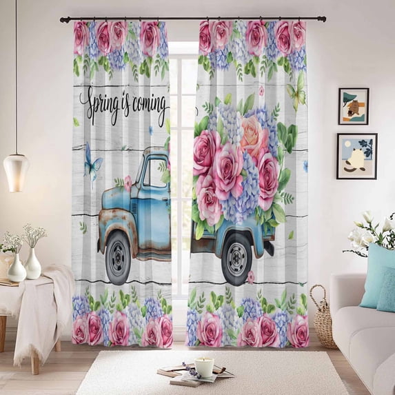 Spring Blackout Curtains for Bedroom/Living Room, Pinch Pleated Black Out Curtains, Truck Botanical Floral Leaf Butterfly Wooden Grain Room Darkening Window Drapes with Hooks 2 Panels, 39"x70"