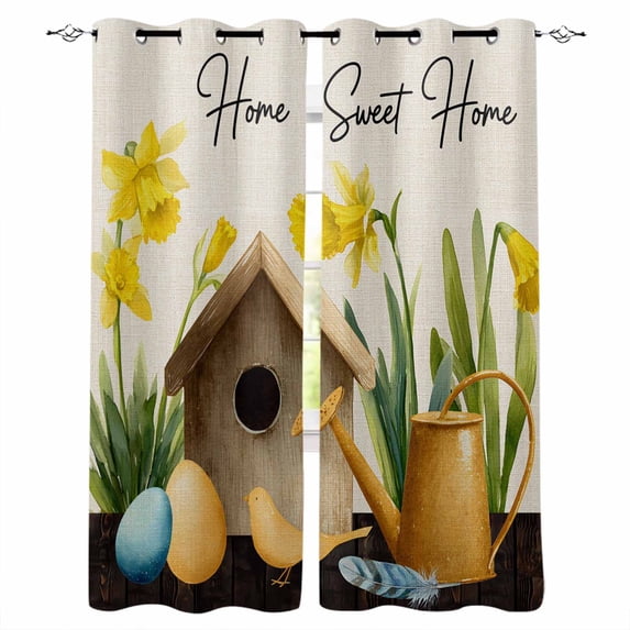 Spring Blackout Curtains for Bedroom/Living Room, Thermal Insulated Kitchen Curtains, Farmhouse Birds Cages Eggs Botanical Flowers Grommet Darkening Window Treatment Drapes 52"x84"x2
