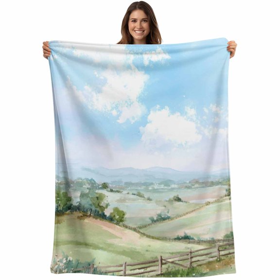 Spring Blanket Soft Cozy Warm Throw Blanket for Couch, Plush Fuzzy Flannel Fleece Blankets for Sofa, Grassland Blue Sky Trees Mountain Nature Scenery Bed Blankets Lightweight Gifts for Women, 30"x40"
