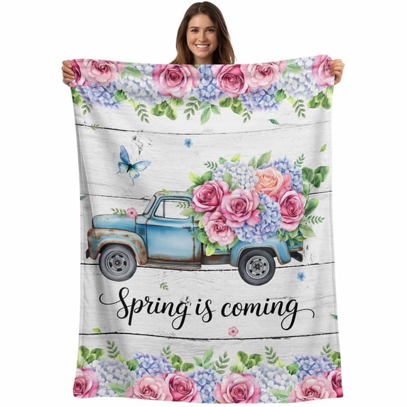 Spring Blanket Soft Cozy Warm Throw Blanket for Couch, Plush Fuzzy Flannel Fleece Blankets for Sofa, Truck Botanical Floral Leaf Butterfly Wooden Grain Bed Blankets Lightweight Gifts for Men, 40"x50"