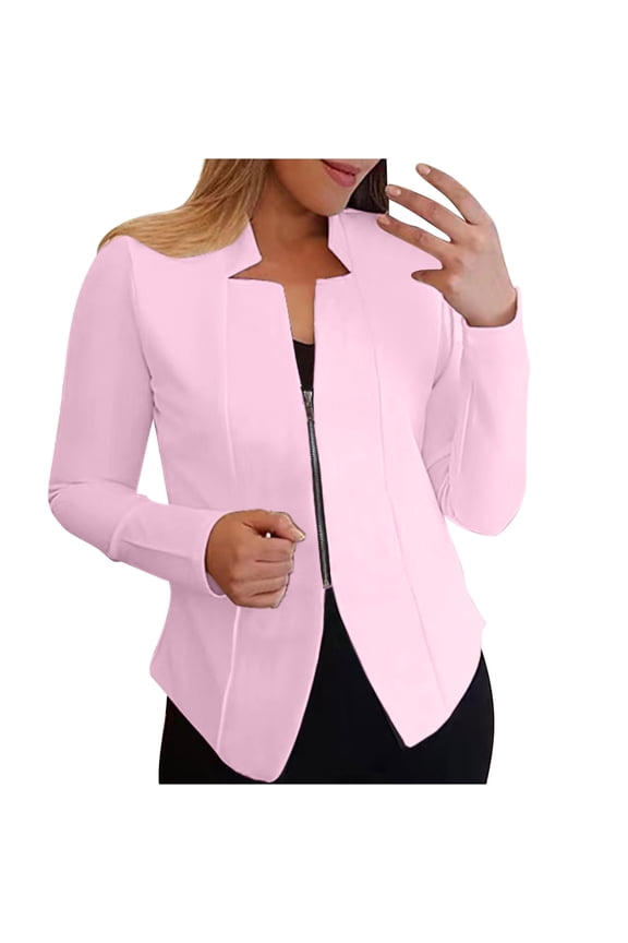 Spring Blazers for Women 2024, Women's Zipper Blazer Long Sleeve Open Front Cardigan Jackets Business Solid Color Elegant Cropped Coats S