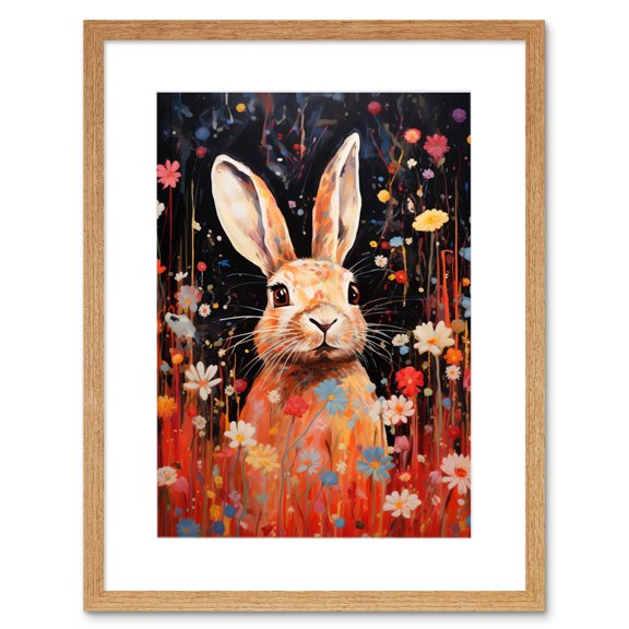 Spring Bliss Oil Painting Cute Bunny Rabbit in a Daisy Flower Meadow Kids Bedroom Artwork Framed Wall Art Print 9X7 Inch