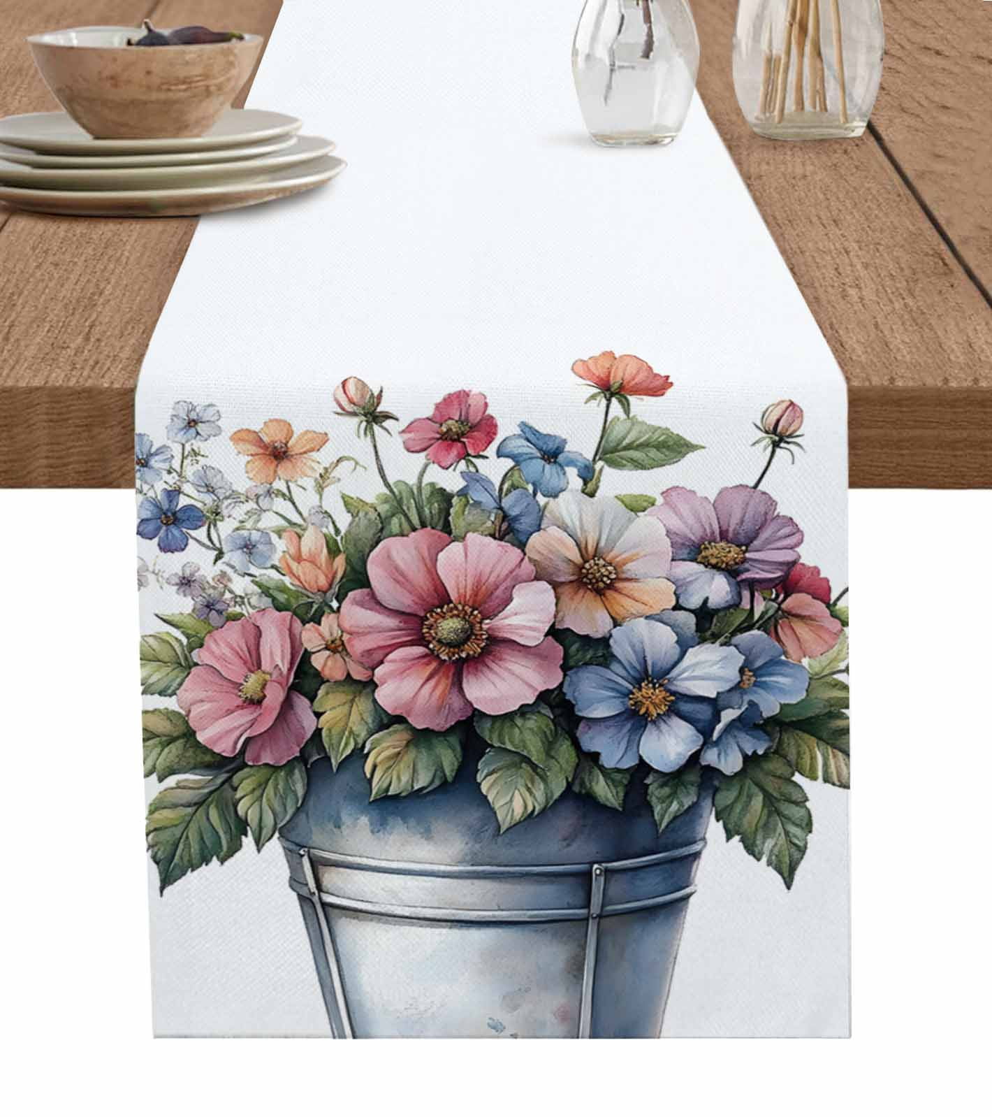 Spring Blooms Botanical Table Runner 72 Inches Summer Daisy Green Leaf preview