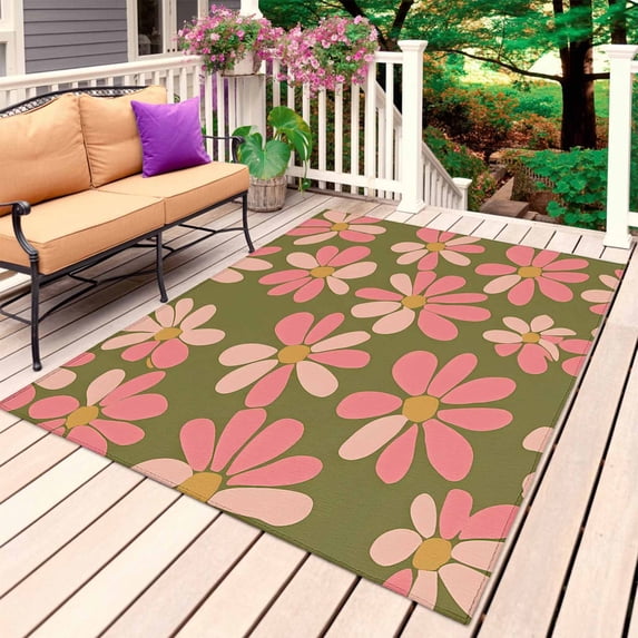 Spring Blooms Botanicals Outdoor Rug 3x5 Ft, Non Slip Washable Area Rug, Summer Flowers Pink Green Patio Rugs Carpet Runner, Large Floor Mat for Indoor/Outdoor Deck Porch Camping