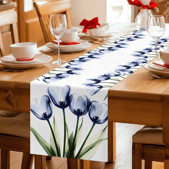 Spring Blossom Blue Tulip Table Runner 36 Inches Long,Kitchen Dining Tablerunners Watercolor Flower Green Leaves Linen Table Runners Dresser Scarves for Home Dinner Wedding Holiday Party Decor