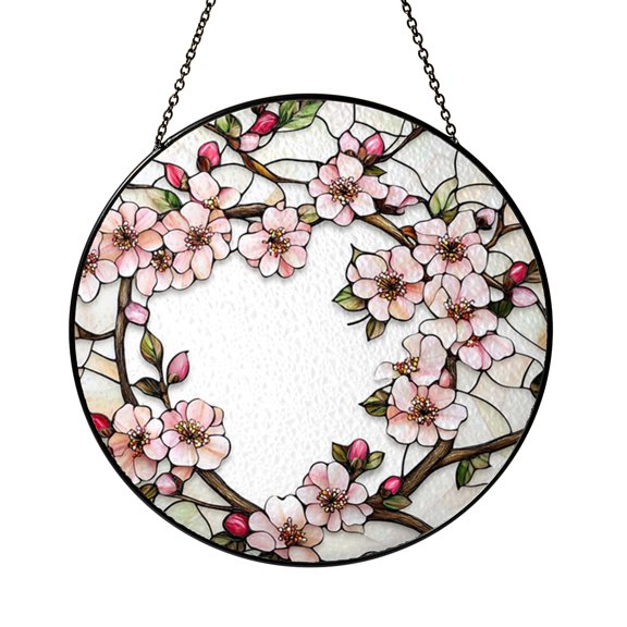 Spring Blossom Branch Stained Glass Style Suncatcher Window Hanging, Pink Floral Tree Branch Decorative Window Panel Art, Botanical Inspired Glass Style Window Decor, Garden Theme Ornament