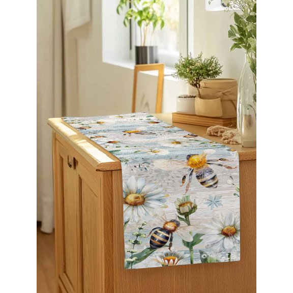 Spring Blossom Daisy Floral Bee Table Runner 13x90in Non-Slip Cotton Linen Table Runners, Rustic Flower on Blue White Wood Dresser Scarves TableRunner for Dinner Kitchen Dining Wedding Party