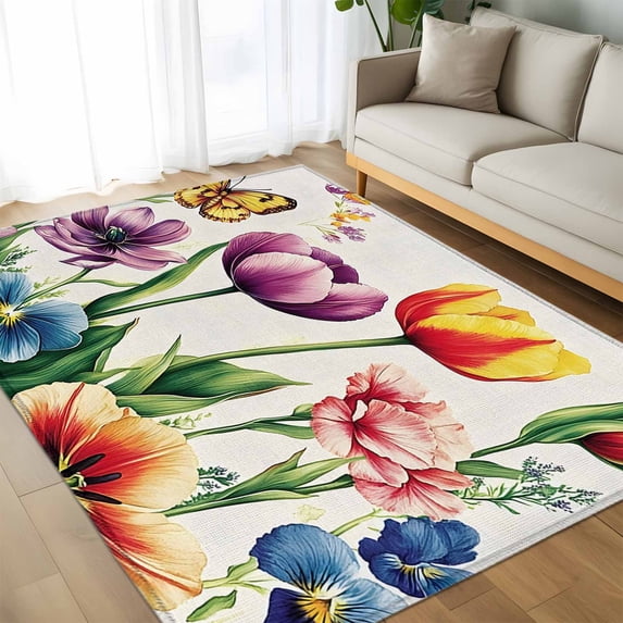 Spring Blossom Floral Butterfly Floor Carpet Living Room Rug, Farmhouse Green Botanical Non-Slip Welcome Mat Indoor Rugs for Bedroom Dining Room