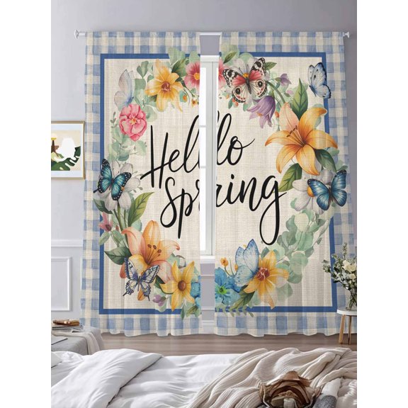 Spring Blossom Flower Butterfly Sheer Curtains 2 Panels Set Rustic Retro Linen Buffalo Check Lihgt Filtering Rod Pocket Voile Drape,Semi Sheer Window Curtains for Bedroom Living Room,52"x84"