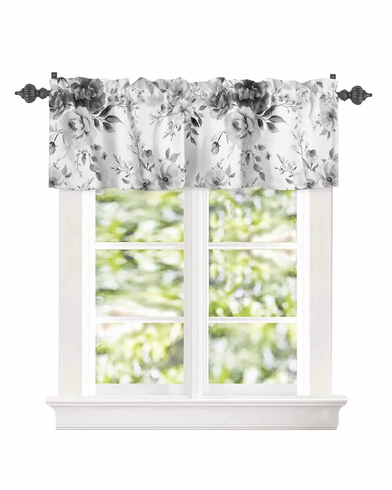 Spring Blossom Grey Flower Curtain Valances for Kitchen Windows,Rod Pocket Short Valance Retro Watercolor Floral Plant Window Treatment for Living Room Bathroom Bedroom,54" x 18"-1 Panel