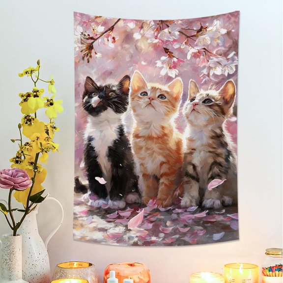 Spring Blossom Kittens Tapestry, Cute Cat Wall Hanging for Home Decor, Aesthetic Decorative Tapestry for Bedroom, Living Room, Dorm 30x40 Inch